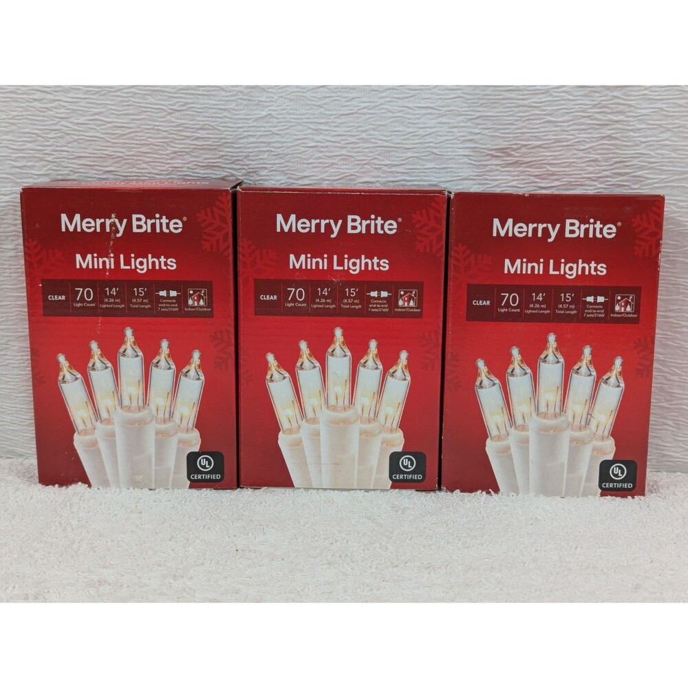 Christmas - Merry Brite - 70 Count - Mini Lights - Clear Bulb/White Wire -3 Pack